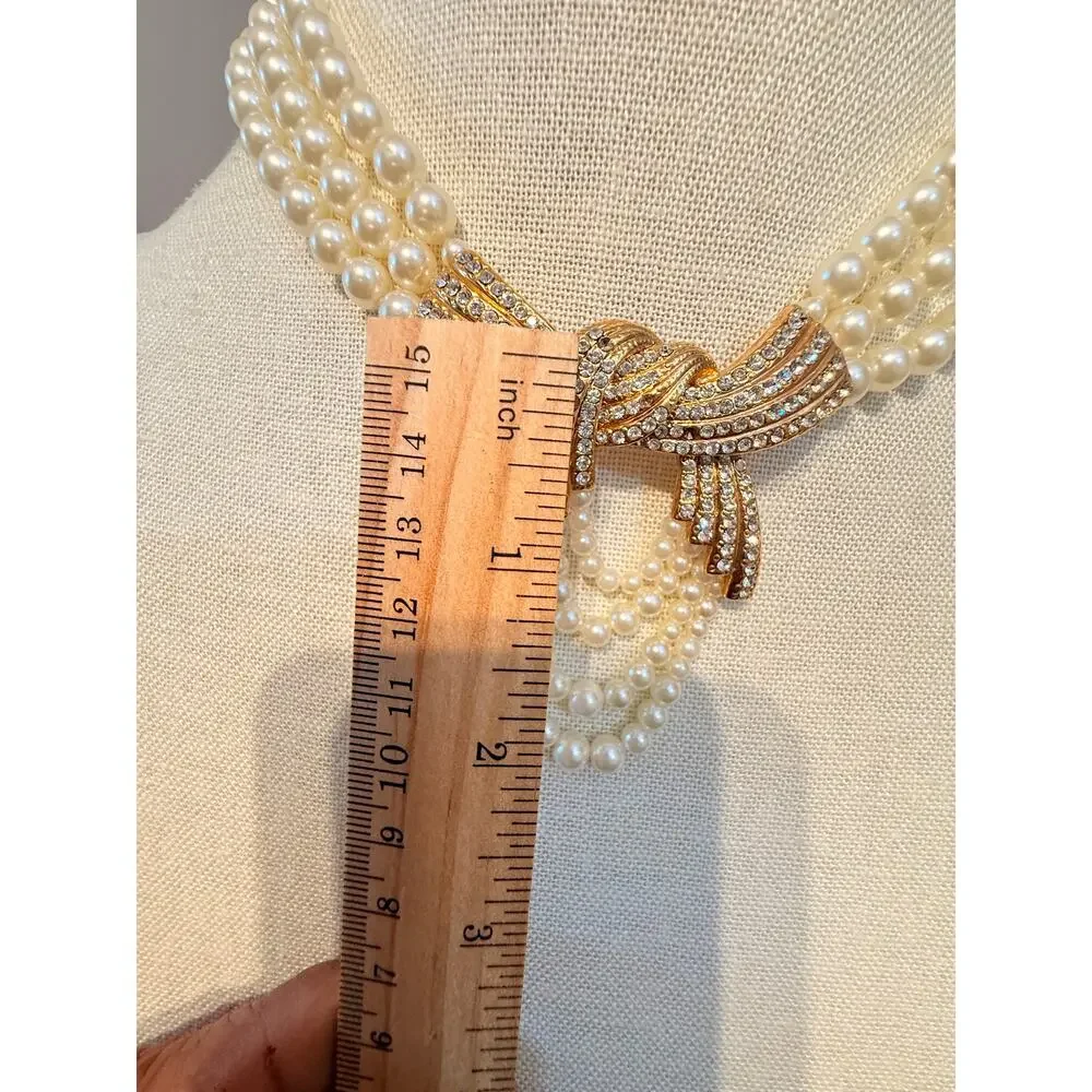 Vintage Faux Pearl Rhinestone Bow Statement Necklace